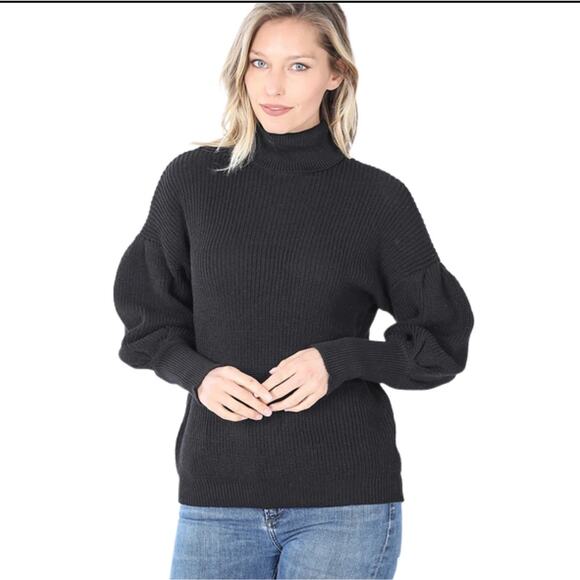Zenana Puff Sleeve Turtleneck Sweater-Charcoal (Large) - Picture 1 of 1